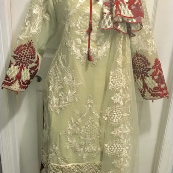 Cream color net with maroon work - Picture 1 of 3